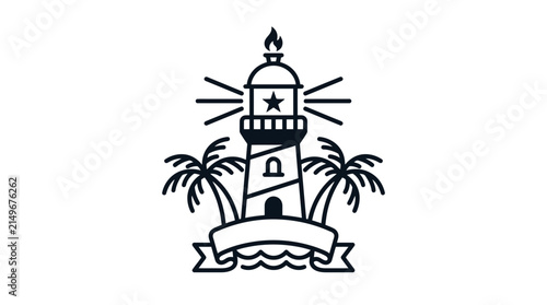Minimalist Lighthouse Emblem with Palm Trees and Ribbon