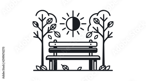 Minimalist Line Art Bench in Park with Day and Night Sun Symbol