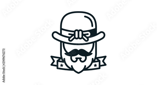 Minimalist Line Art Bearded Man with Hat and Ribbon Emblem