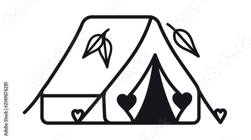 Minimalist Line Art Camping Tent with Hearts and Leaves Icon