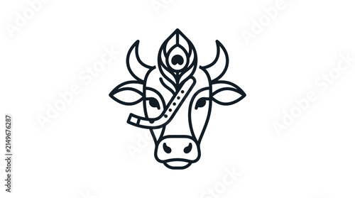 Minimalist Line Art Cow Head with Peacock Feather and Flute