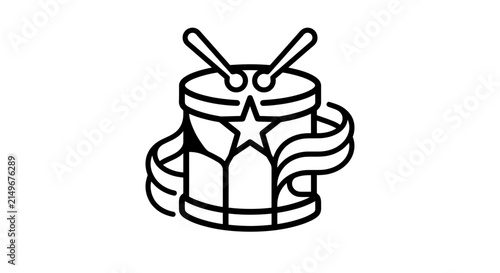 Minimalist Line Art Drum Icon with Star and Ribbon