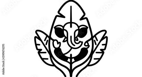 Minimalist Line Art Elephant Deity Icon on Tropical Leaf