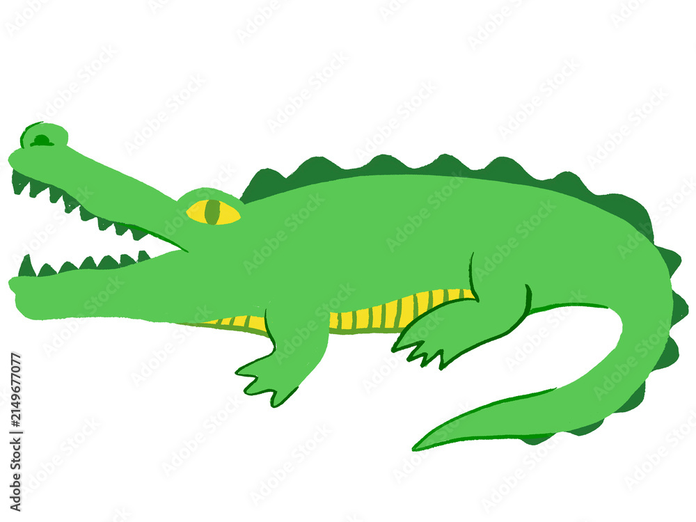 Obraz premium Green cartoon crocodile illustration with open mouth isolated on black background