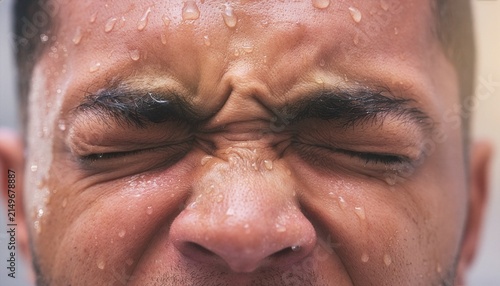 Extreme close-up sweaty face, eyes shut tight, intense migraine expression.