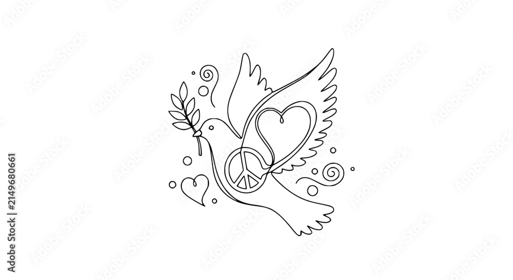 Naklejka premium Peace Dove Heart Symbol Line Art Isolated Transparent Background