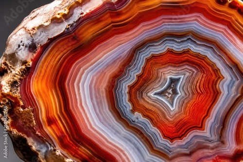 Polished sliced agate stone displaying vibrant red and orange rings