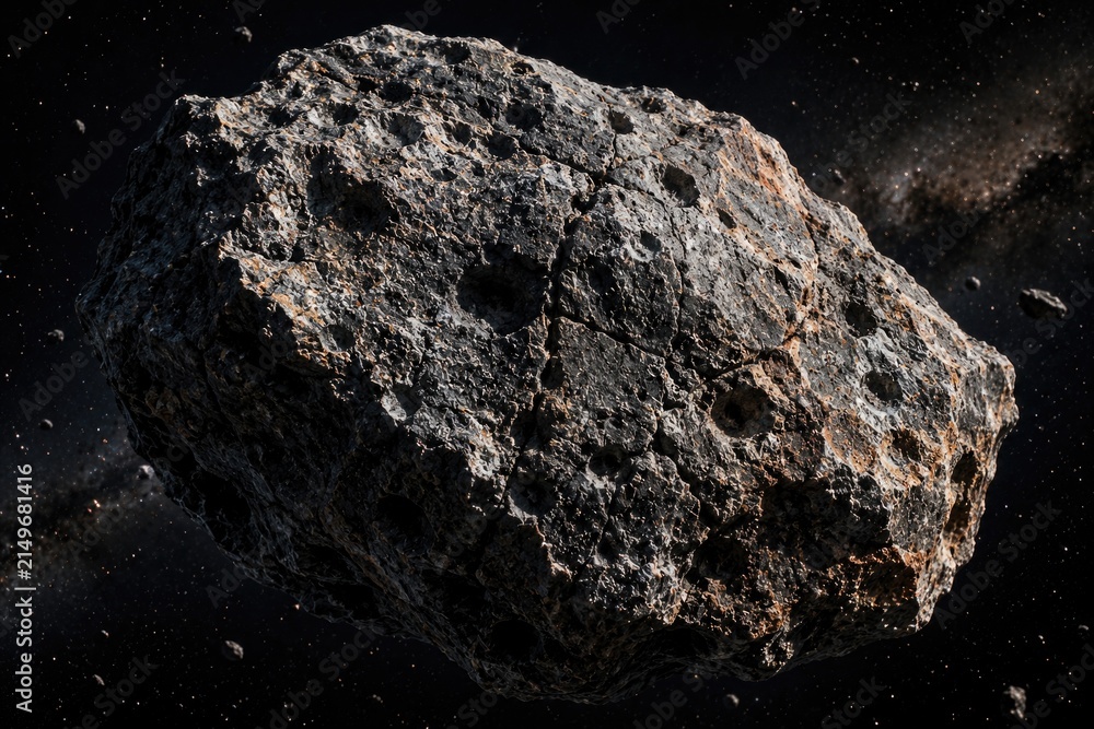 Fototapeta premium Large rocky asteroid floating in dark outer space with stars background