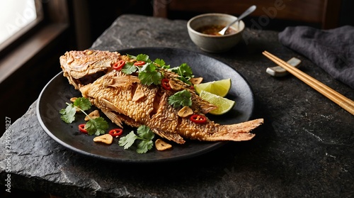 Crispy whole fried fish with aromatic herbs and lime on dark stone