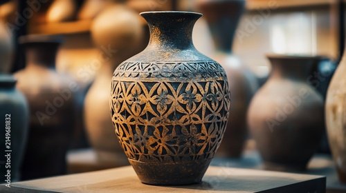 Exquisite Decorative Vase with Intricate Patterns on Display in a Gallery