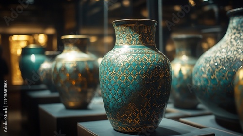 A Close-Up Shot of Antique Vases with Intricate Gold Designs on Display