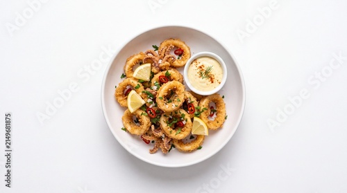 Crispy fried calamari rings served with lemon and dipping sauce