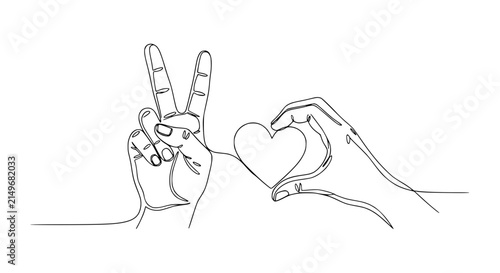 Obraz na plátne Continuous Line Art: Hands Forming Peace Sign and Heart Shape Isolated