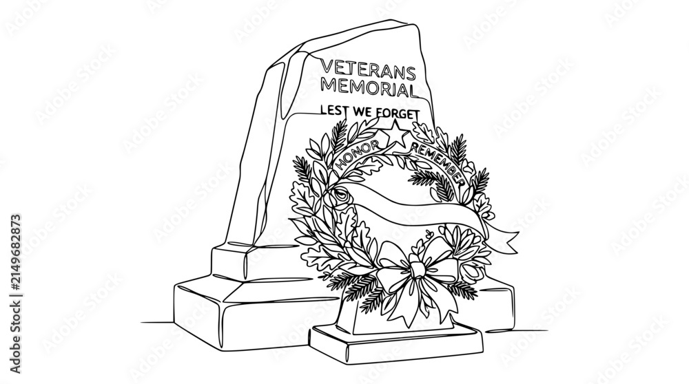 Fototapeta premium Veterans Memorial Stone with Wreath, Lest We Forget, Isolated Line Art