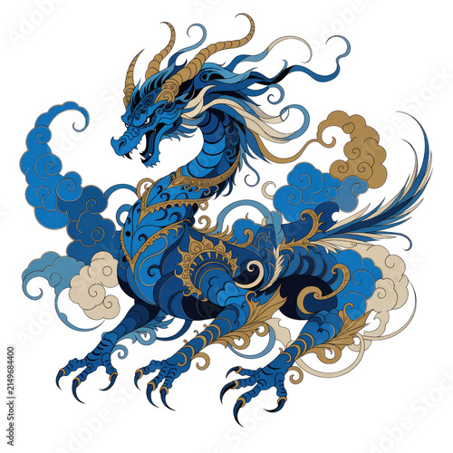 Ornate Blue and Gold Asian Dragon Illustration With Swirling Clouds on Transparent Background
