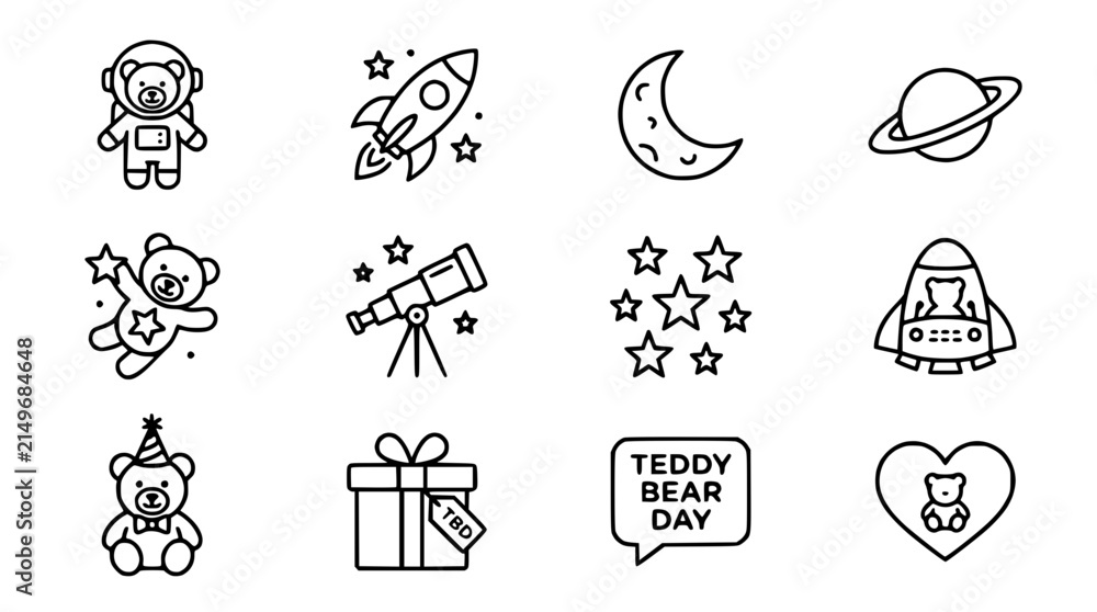 Fototapeta premium Space Teddy Bear Icons Set: Astronaut, Rocket, Moon, Planet, Telescope, Stars, Gift, Heart