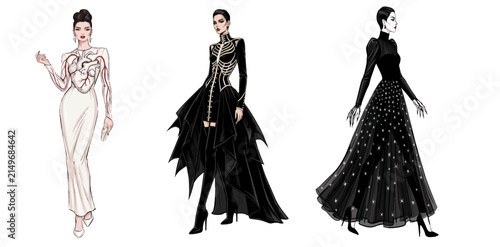 Halloween 2026 Fashion Illustration Set, Three Elegant Women In Gothic Skeleton Ribcage, Anatomical Heart And Starry Black Gown Costumes