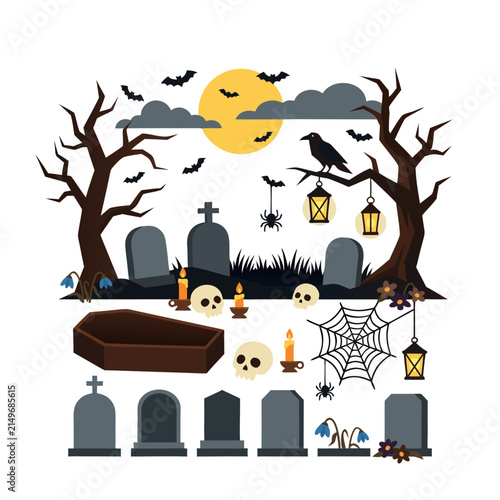 Spooky Halloween cemetery landscape and element set featuring tombstones, wooden coffin, full moon, dead trees, raven, bats, skulls, candles, and spider webs. Flat vector illustration isolated on whit