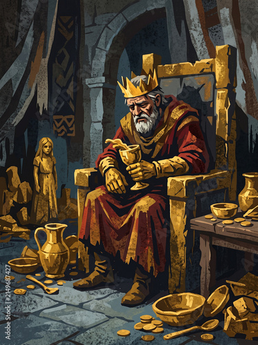 king Midas sits despondently on a stone throne that has turned entirely to gold. He stares down in despair at a drinking goblet in his hands, Graphic poster style illustration