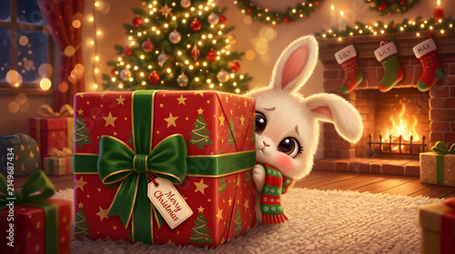 A sweet fluffy cartoon bunny with rosy cheeks, enormous bashful eyes and a shy little smile, hiding partially behind an oversized wrapped Christmas present, long ears slightly bent,