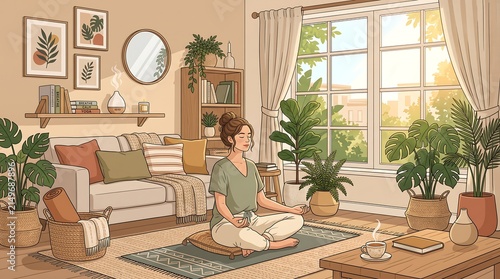 Young Woman Reading a Book on a Sofa in a Cozy Living Room with Fireplace, Elegant Interior, Wooden Floor, Furniture and Warm Home Decor
