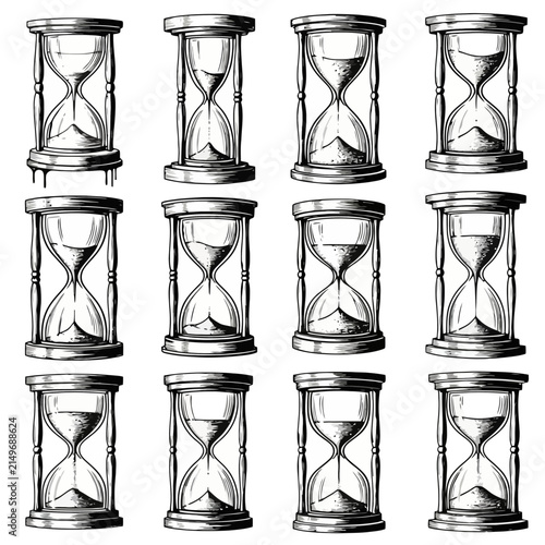 A collection of antique hourglasses drawn in ink shows the passage of time through various stages of sand movement within classic glass chambers to represent urgency and historical measurement
