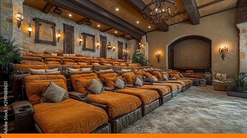 Opulent home theater with tiered seating and elegant lighting creating luxurious entertainment space