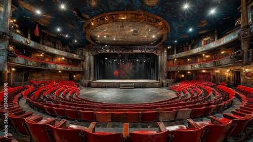 Spectacular view of the Empty Auditorium and Stage with plush Red Seats