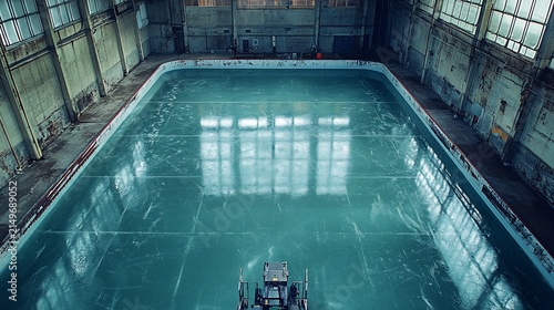 Spectacular Ice Hockey Rink with Reflected Sunlight in an Abandoned Hall