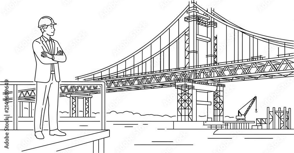 Fototapeta premium A construction engineer standing on a platform overseeing a bridge project.