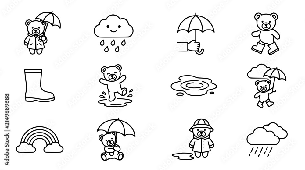 Obraz premium Cute Teddy Bears and Rain Icons Set - Vector Illustrations