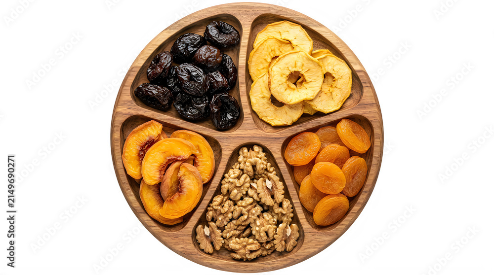 Fototapeta premium Assorted Dried Fruits and Nuts Served in Wooden Compartments transparent background