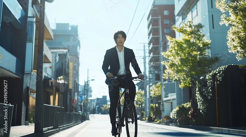 Elegant Asian Businessman Commuting by Bicycle in Urban Landscape