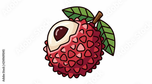 Fresh ripe lychee fruit with peeled white flesh and leaves, vector illustration isolated on white background