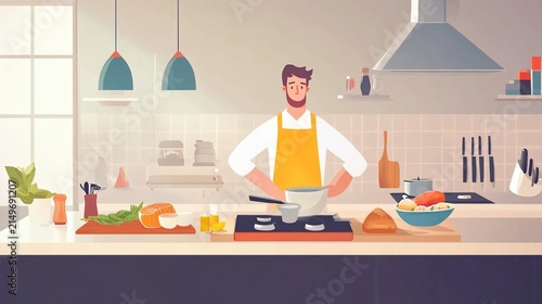 A Male Chef Standing in His Kitchen Cooking Food with a Happy Expression