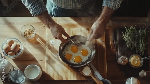 Overhead shot of a man frying eggs in a pan on a wooden table preparing a delicious healthy breakfast