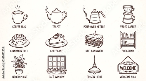 Hand Drawn Food and Beverage Illustration Collection with Coffee, Tea, Cake, Cups, Teapot, Spoon and Fork in Vintage Doodle Sketch Style