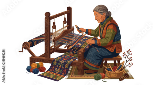 Elderly woman weaving traditional fabric on a wooden loom