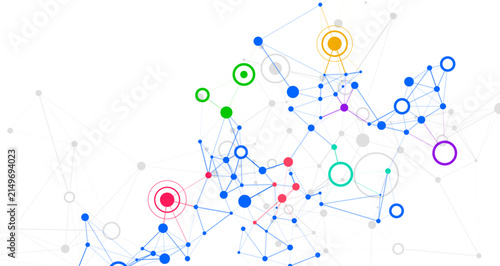 Dynamic abstract network diagram featuring vibrant interconnected nodes and lines, symbolizing global communication, technology, data exchange, and innovation across various fields.