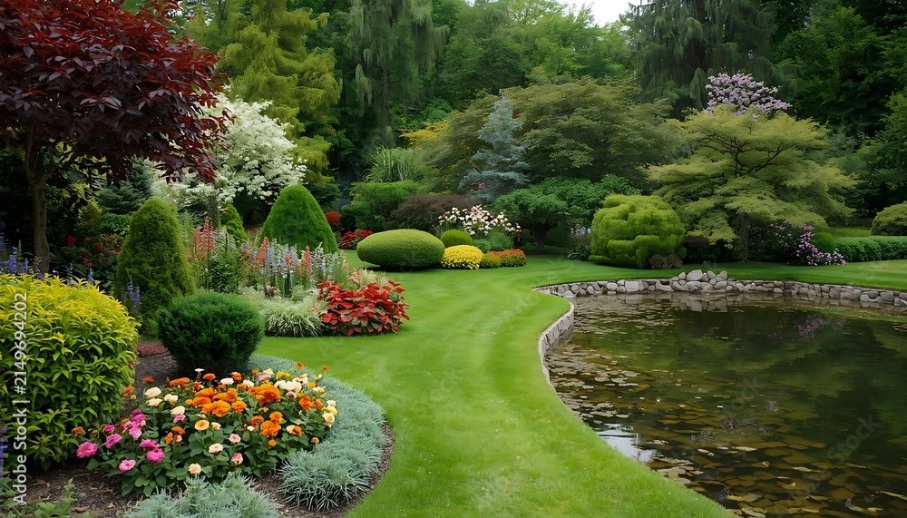 Fototapeta premium Serene garden path with flowers and pond