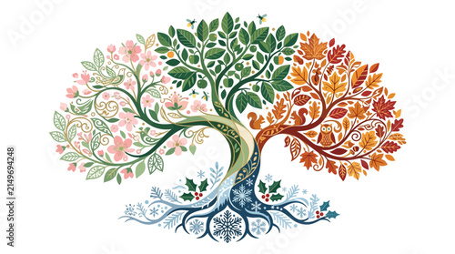 Four Seasons Tree Illustration Isolated on White Background