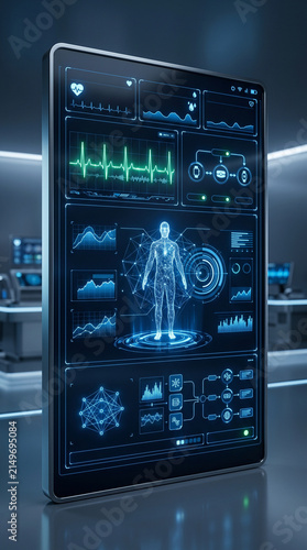 Digital tablet displaying advanced human biometric health monitoring interface with glowing medical data visualization analytics