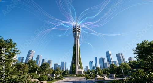 Fototapeta 青空の未来都市公園にそびえ立つ次世代通信タワーと広がる光のネットワーク。5G、6G通信インフラ、スマートシティ、DX、ソサエティ5.0、グリーンテクノロジーを表現したコンセプトグラフィック