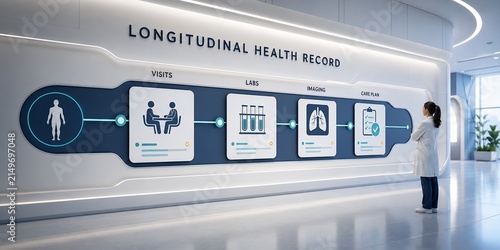 Electronic health record system longitudinal patient timeline displaying visits, lab results, medical imaging, and coordinated care plans.