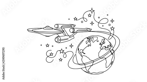 Принти на полотні Retro Spaceship Flying Around Planet Earth, Starry Space Scene Line Art