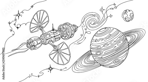 фотографія Astronautic Space Station and Ringed Planet, Cosmic Swirls, Stars, Isolated