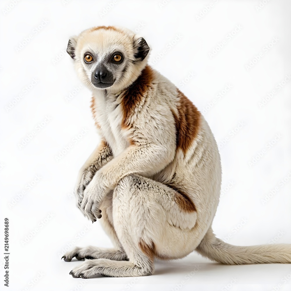 Fototapeta premium Coquerels Sifaka Lemur Sitting Isolated on White Background Madagascar Primate Wildlife Concept