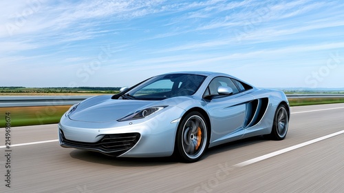 Sleek Silver Sports Car Racing on Open Road Against a Scenic Blue Sky with Fast Motion Blur and Dynamic Composition
