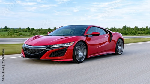Sleek Red Sports Car Driving Fast on Open Road with Lush Green Landscape in the Background
