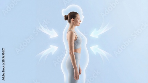 Woman standing with translucent shadow silhouette showing body transformation and weight loss. Concept of healthy lifestyle, fitness progress, body contouring and fat reduction.